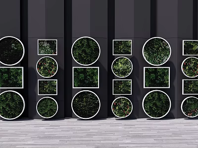 Plant Paintings on Black Wall with Circular and Square Frames Featuring Green Plants Neatly Arranged 3d model