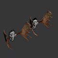 Two Mounted Moose Skull Decorations With Large Antlers On Green Wall