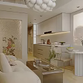 Modern Apartment Interior Featuring Vertical Blinds Spherical Chandelier White Sofa Wicker Chair And Art Painting