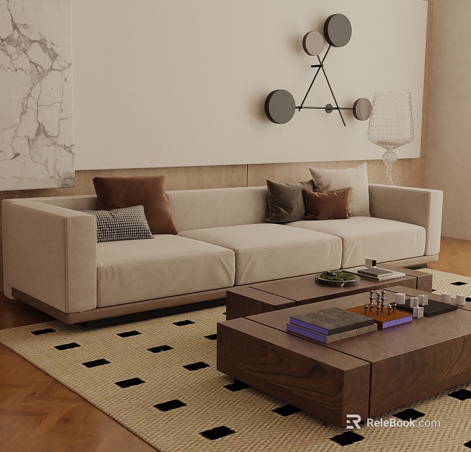 Beige Three Seater Sofa With Plush Pillows Wooden Coffee Tables On Black White Patterned Rug 3d model 