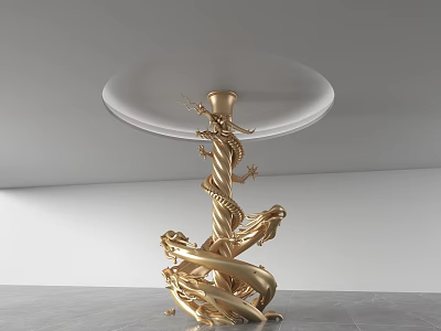 Golden Pillar With Transparent Circular Top Intricate Dragon Carvings Modern Artistic Design Gray Wall Floor 3d model