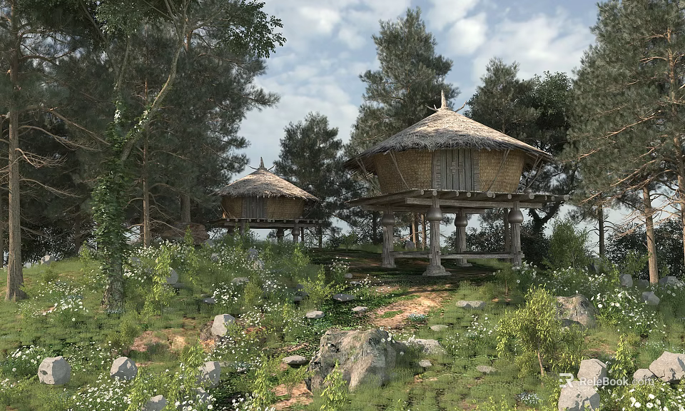 Traditional Thatched Roof Huts In Forest With Trees Grass Stones And Pathway 3d model 