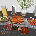 Food Chinese Food Combination Dining Table Gourmet Grilled Skewers Beef Chicken Vase Device Drinks 3d model