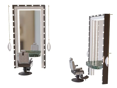 Stylish Barber Shop Table And Chair Set With Illuminated Mirror And Lights 3d model