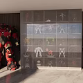 Collectible Action Figures Display In Modern Room With Large Red Blue Figures And Cabinet