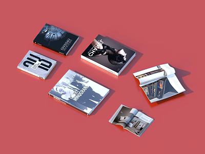 Modern Notebooks With Various Designs And Black White Photo Patterns On Red Background Open Closed 3d model
