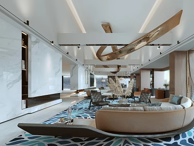 Spacious Modern Lounge Area With Marble Walls Curved Sofa And Decorative Rug 3d model