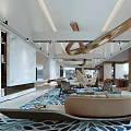 Spacious Modern Lounge Area With Marble Walls Curved Sofa And Decorative Rug