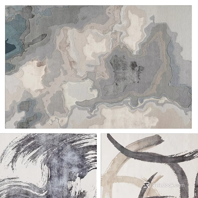 Square Rug With Abstract Watercolor Pattern In Neutral Gray Beige Tones Soft Texture Living Room 3d model 
