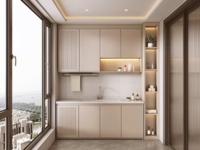 Modern Soft Beige Custom Balcony Laundry Cabinet With Built In Storage And Large Panoramic Window 3d model