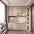 Modern Soft Beige Custom Balcony Laundry Cabinet With Built In Storage And Large Panoramic Window