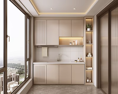 Modern Soft Beige Custom Balcony Laundry Cabinet With Built In Storage And Large Panoramic Window 3d model