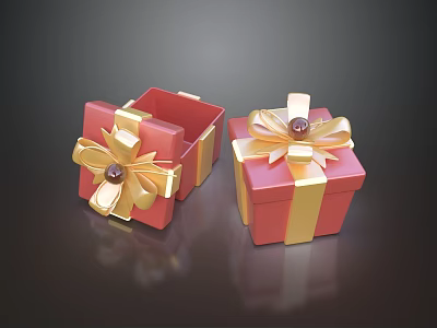 Red Gift Boxes With Golden Bows And Gemstone Decorations On Dark Surface 3d model