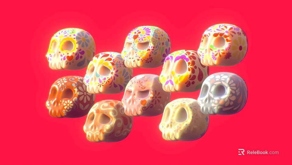 Medical Skull Models With Colorful Decorative Patterns Displayed On Red Background 3d model 