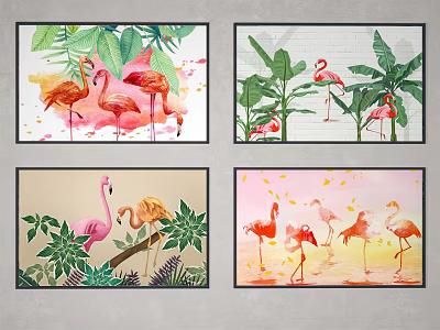 Colorful Flamingo Paintings Set of Four with Green Leaves and Water Elements 3d model