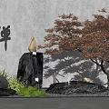 Zen Inspired Garden Wall With Buddha Statue Red Leaf Tree And Water Feature 3d model