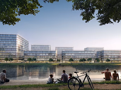 Modern Office Buildings By The Waterfront With People And Bicycle 3d model