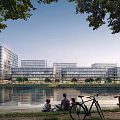 Modern Office Buildings By The Waterfront With People And Bicycle