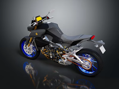 Modern Sport Motorcycle With Black Body Yellow Accents Blue Rims And Gold Engine Parts 3d model