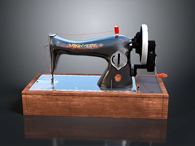 Vintage Hardware Sewing Machine With Black Body Colorful Decorations And Wooden Base 3d model
