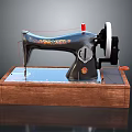 Vintage Hardware Sewing Machine With Black Body Colorful Decorations And Wooden Base