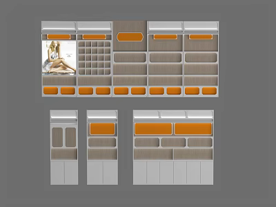 Modern Shopping Mall Counter Layout With Orange Gray Modules And Display Areas 3d model