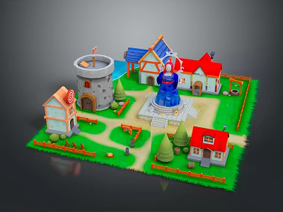 Charming Scenery with Castle Tower Colorful Roof Houses Central Fountain Green Grass Paths Trees Fences 3d model