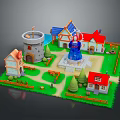 Charming Scenery with Castle Tower Colorful Roof Houses Central Fountain Green Grass Paths Trees Fences