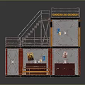 Industrial Metal Structure With Red Columns Staircase Platform Railings And Warning Stripes