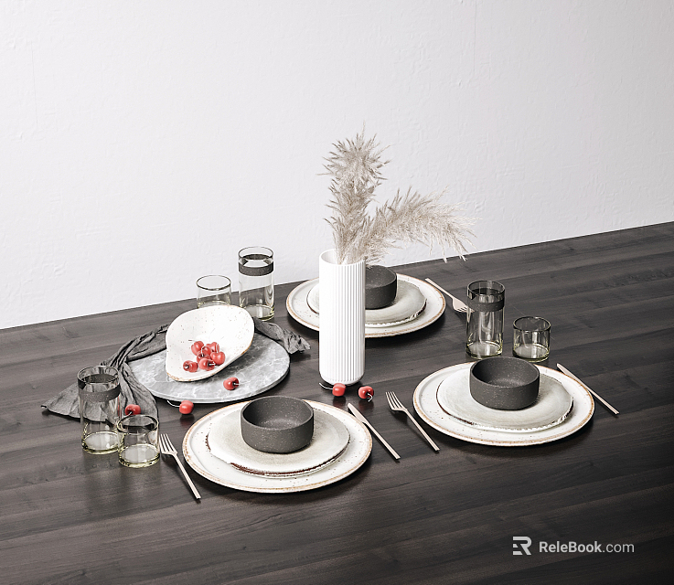 Ceramic Tableware Set With Black White Plates Glass Cups And Berries Decoration 3d model 