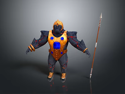 Fantasy Warrior Character Wearing Gold Blue Armor Holding Long Spear Weapon 3d model