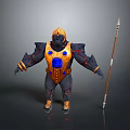 Fantasy Warrior Character Wearing Gold Blue Armor Holding Long Spear Weapon