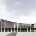 Modern Building Exterior View With Glass Curtain Walls Water Pool Cherry Blossoms And Plaza