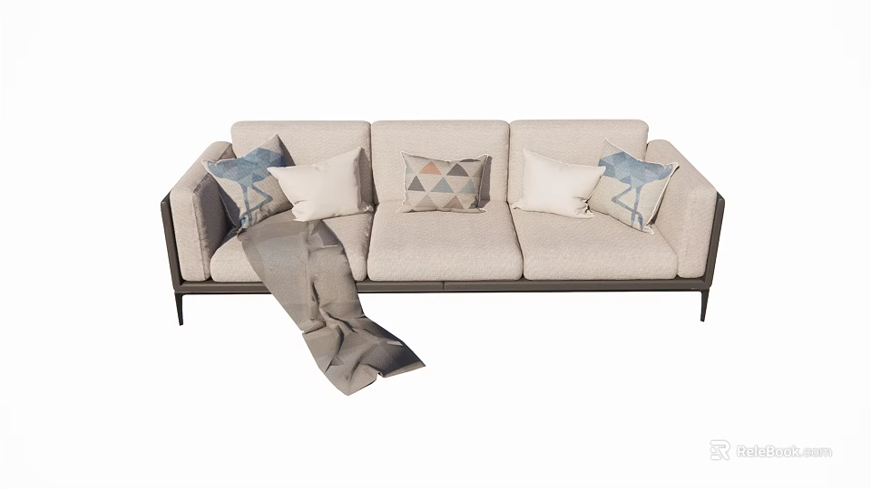 Modern Three Seater Sofa With Beige Upholstery Decorative Pillows And Throw Blanket 3d model