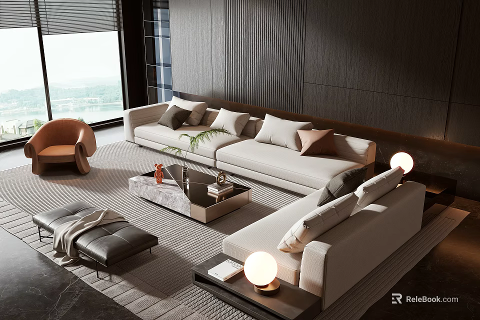 Modern Beige Sofa Coffee Table Set In Living Room With Decorative Pillows And Ottoman 3d model 