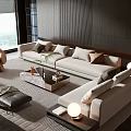 Modern Beige Sofa Coffee Table Set In Living Room With Decorative Pillows And Ottoman