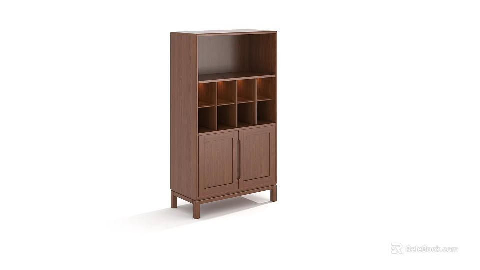Walnut Wooden Decorative Cabinet With Open Shelves And Closed Storage Doors 3d model 