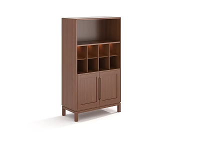 Walnut Wooden Decorative Cabinet With Open Shelves And Closed Storage Doors 3d model