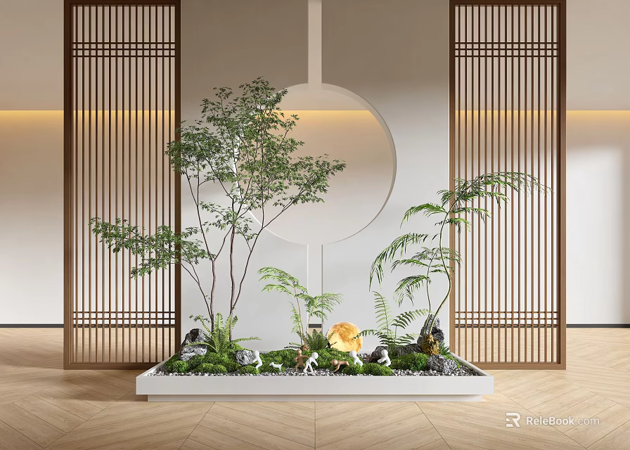 Modern Indoor Landscape With Wooden Grille Screens Round Decorative Wall Rectangular Greenery And Yellow Flower 3d model 