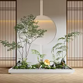 Modern Indoor Landscape With Wooden Grille Screens Round Decorative Wall Rectangular Greenery And Yellow Flower