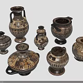 Traditional Ceramic Vases Collection With Ornate Patterns And Various Shapes 3d model