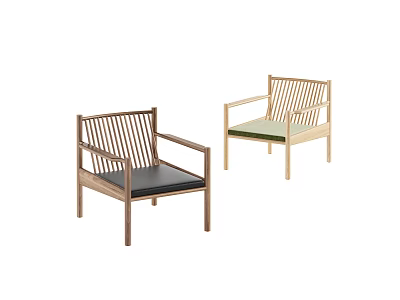 Wooden Frame Leisure Chairs with Slatted Backrest and Armrests Featuring Black and Green Cushions 3d model