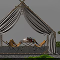 Cozy White Tent with String Lights Gray Curtains Table Chairs Wine Bottles and Green Plants Outdoor