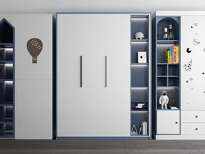 Modern White and Blue Wardrobe With Open Shelves Astronaut Decor And Space Theme Stickers 3d model