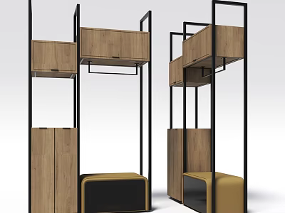 Modern Wooden Storage Units With Black Metal Frames And Yellow Seats 3d model