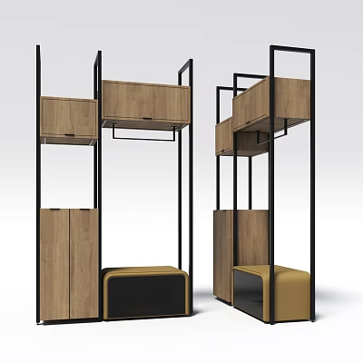 Modern Wooden Storage Units With Black Metal Frames And Yellow Seats 3d model