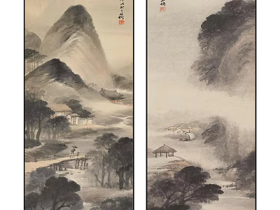 Traditional Chinese Landscape Painting with Rolling Mountains Flowing Water and Rural Cottages 3d model