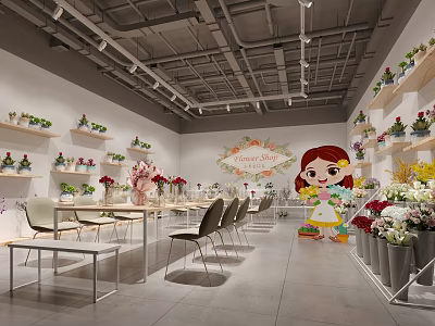 Flower Shop Interior With Floral Displays Shelves Tables Chairs And Cartoon Girl 3d model