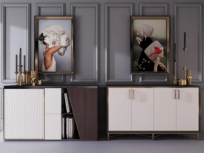 Modern Luxury Entryway Cabinet And Sideboard Interior With Golden Handles And Framed Artworks 3d model