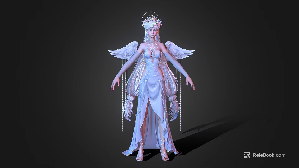 Angelic Woman In Elegant White Dress With Halo Feathered Wings And Tassels 3d model 